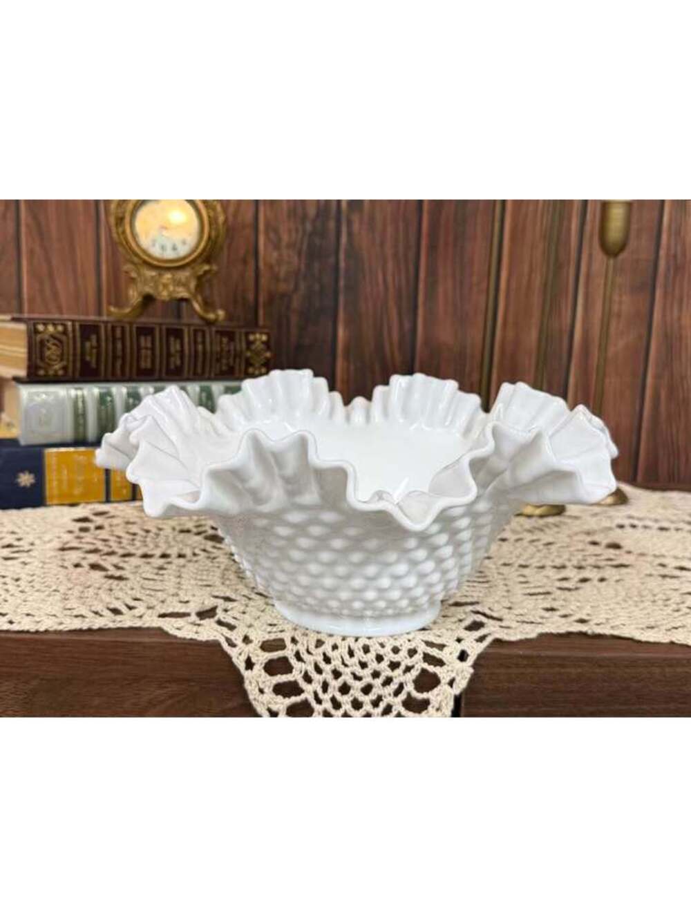 Fenton White Milk Glass Hobnail Bowl Double-Crimped Ruffled Edge 9”